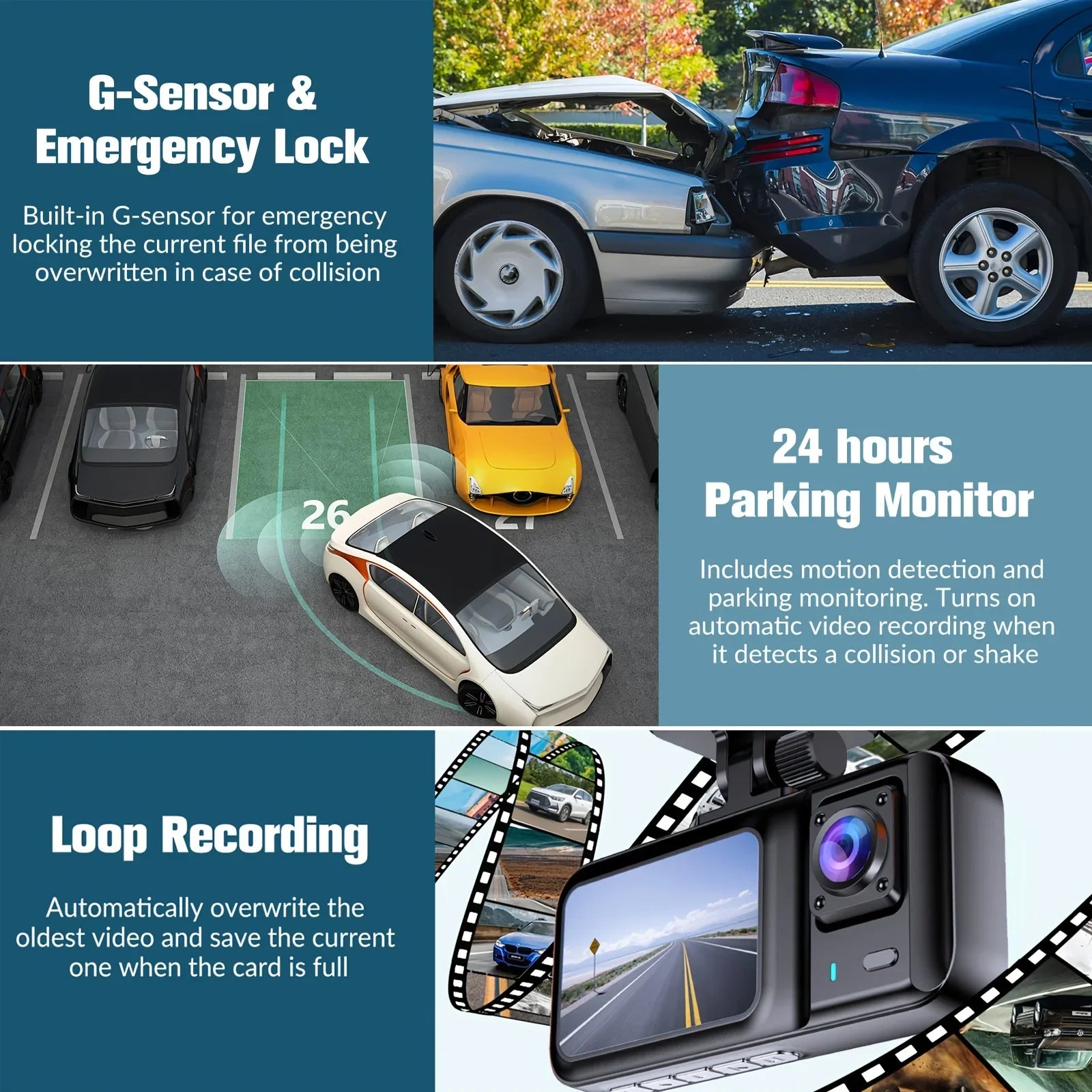 Triple Camera 1080P Full HD Dash Cam with Front, Rear, and Interior Recording