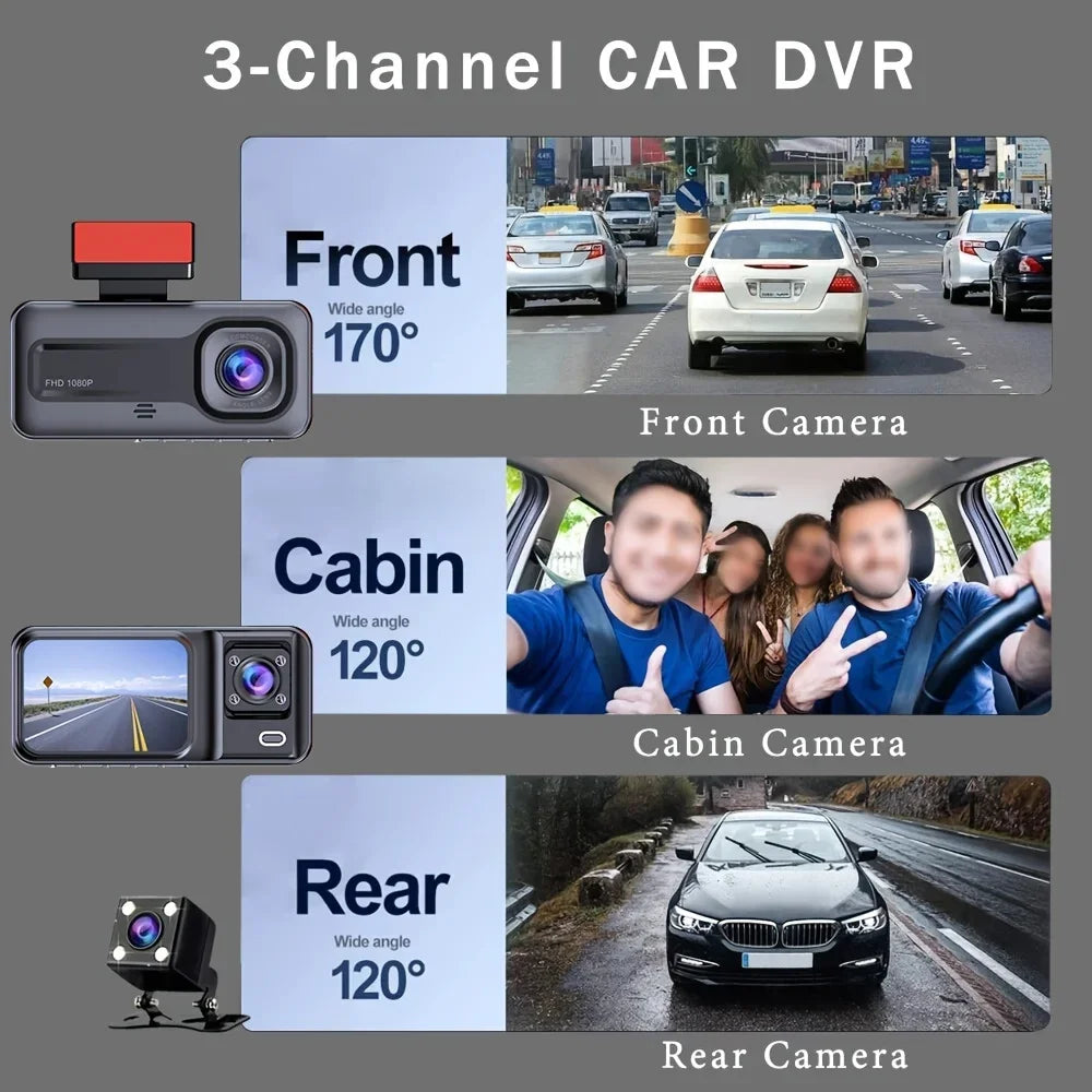 Triple Camera 1080P Full HD Dash Cam with Front, Rear, and Interior Recording