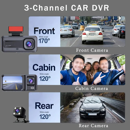 Triple Camera 1080P Full HD Dash Cam with Front, Rear, and Interior Recording