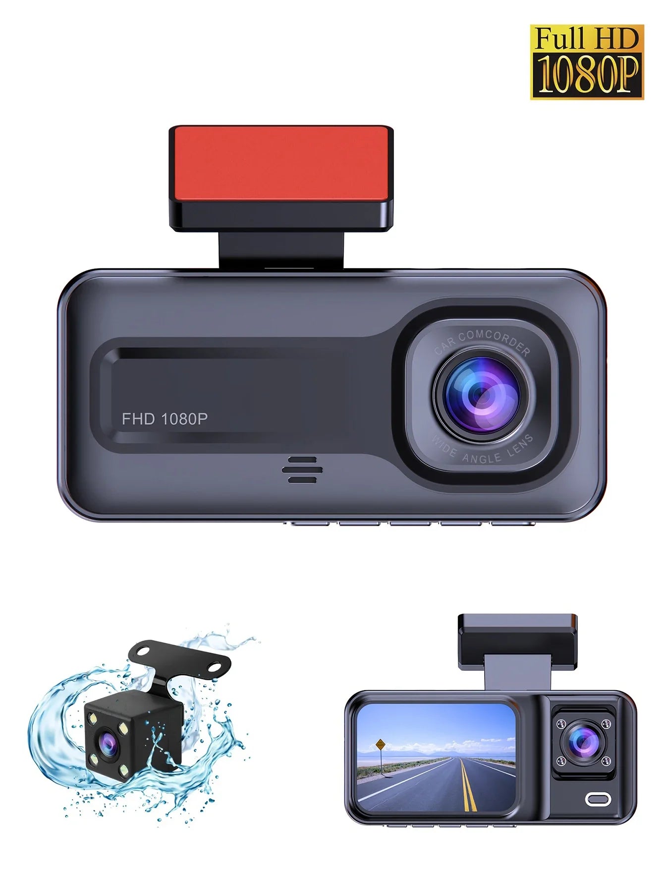 Triple Camera 1080P Full HD Dash Cam with Front, Rear, and Interior Recording