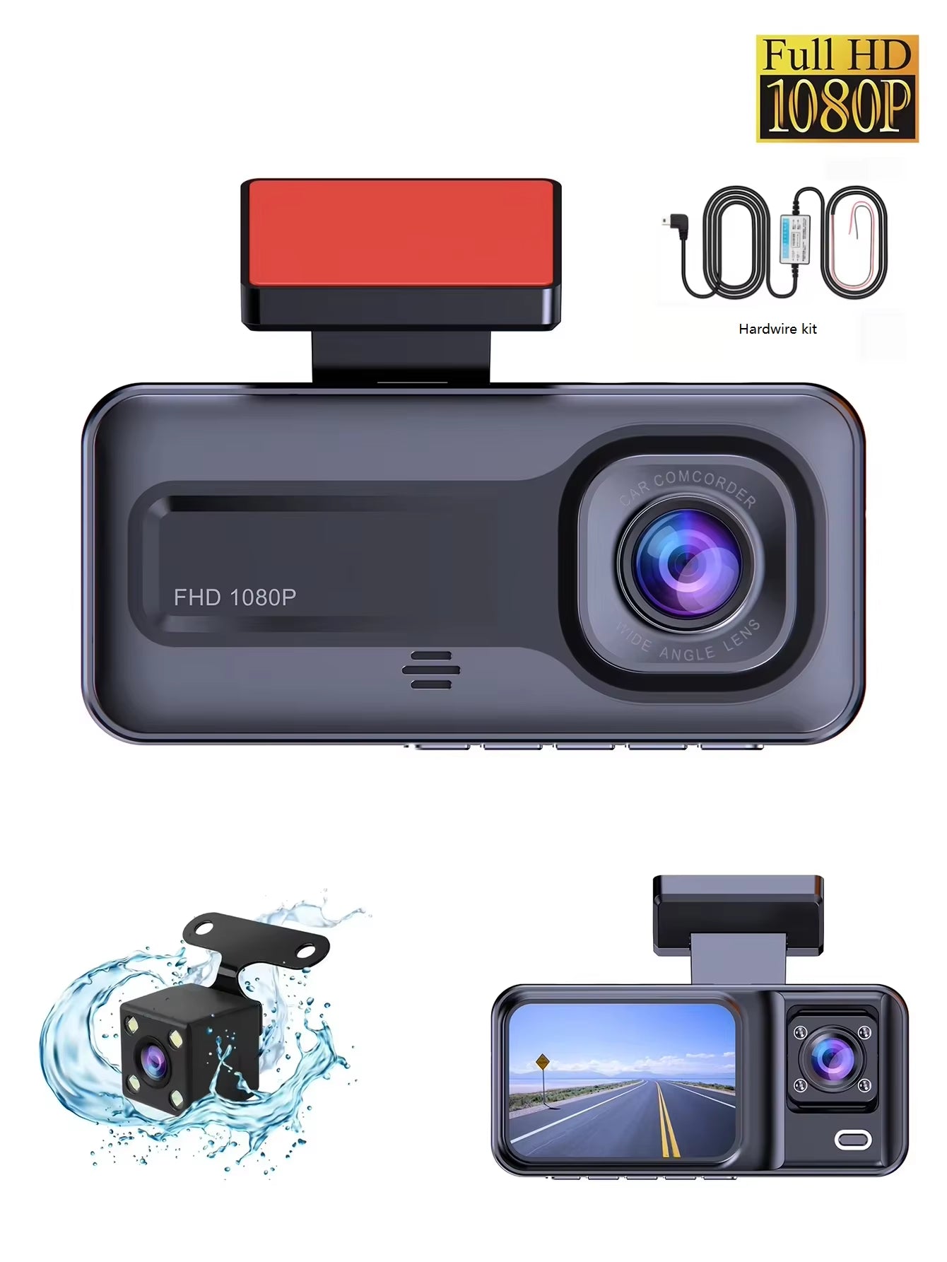 Triple Camera 1080P Full HD Dash Cam with Front, Rear, and Interior Recording